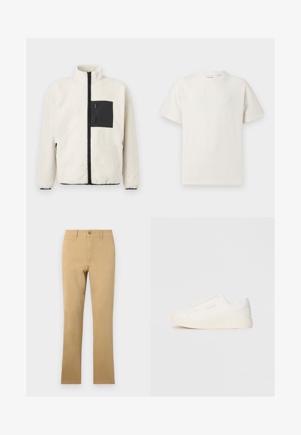 Casaco de fleece em creme, apresentando um bolso peitoral com fecho éclair preto, gola alta e detalhes em fecho éclair preto na parte da frente e nos bolsos.; T-shirt branco de manga curta em textura canelada. Gola redonda, ajuste descontraído, sem padrões ou detalhes visíveis. Design simples e versátil.; Calças retas de cor caqui, feitas de algodão, com fecho de botão, bolsos frontais e uma textura suave.; Sapatilhas brancas de atacar com uma superfície texturizada, sola grossa e design minimalista. Possui o logo da marca na lateral.