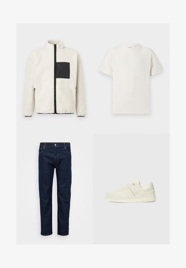 Fleece jacket in cream, featuring a black zippered chest pocket, high collar, and black zipper detailing along the front and pockets.; White short-sleeve T-shirt in a ribbed texture. Round neckline, relaxed fit, no visible patterns or accents. Simple and versatile design.; Dark blue denim jeans with a straight-leg cut, featuring orange stitching and a front button closure. Classic 5-pocket design.; Cream-colored sneaker with perforated detailing, laces, and logo on the side, displayed against a plain white background.
