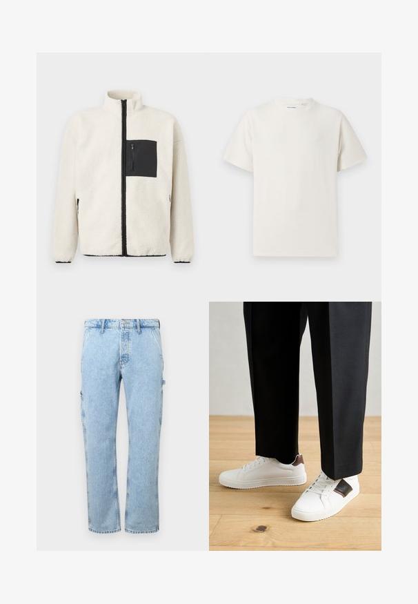 Fleecová bunda v krémovej farbe, s čiernou zipsovou náprsní kapsou, vysokým golierom a čiernymi zipsami pozdĺž prednej časti a vreckách.; Biela krátka tričko s krátkym rukávom so žebrovanou textúrou. Okrúhly výstrih, uvoľnený strih, žiadne viditeľné vzory ani akcenty. Jednoduchý a všestranný dizajn.; Svetlomodré džínsy cargo s rovnými nohavicami, bočnými vreckami a gombíkovým zapínaním v páse. Látka má vyblednutú textúru.; Biele tenisky s hladkým povrchom, s hnedými koženými akcentmi a čiernymi detailmi, spárované s čiernymi elegantnými nohavicami. Pozadím je drevená podlaha.