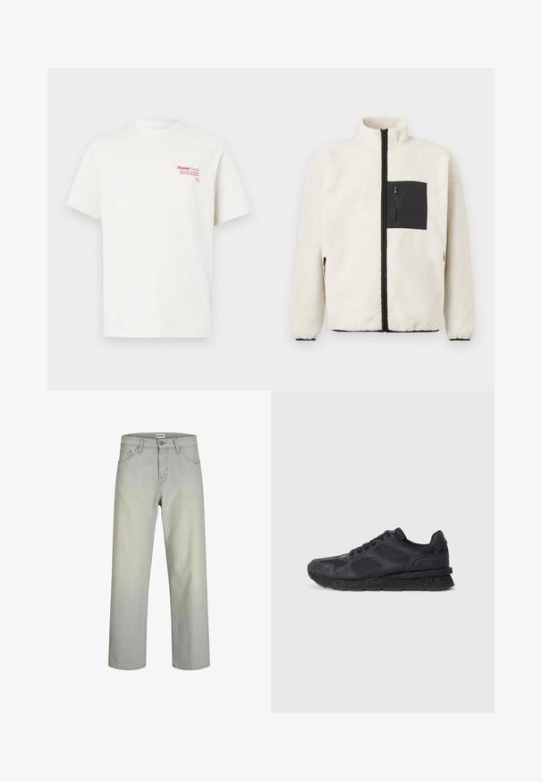 Fleecejakke i kremfarge, med en svart glidelås lommedetalj på brystet, høy krage og svart glidelåsdetalj langs fronten og lommene.; Hvit bomull t-skjorte med kort ermer. Har rødt trykket tekst på venstre bryst, inkludert "Replay Goods" og et grafisk logo.; Lys grå, rette jeans med klassisk fem-lomme design, knappelukking og belteholdere. Laget av denimstoff med en jevn tekstur.; Replay ARTHUR ATOM - Joggesko - black