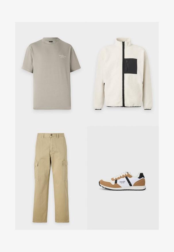 Casaco de fleece em creme, apresentando um bolso peitoral com fecho éclair preto, gola alta e detalhes em fecho éclair preto na parte da frente e nos bolsos.; T-shirt khaki de mangas curtas com decote redondo, feito de algodão, apresentando um pequeno detalhe de texto impresso na parte superior esquerda do peito.; Calças cargo bege feitas de algodão, com dois bolsos laterais, fecho de botão e pernas retas com um tecido ligeiramente texturizado.; Sapatilha de estilo retro com parte superior em suede branco e bege, detalhes em preto, atacadores brancos e logo "Jack & Jones EST. 1990" na lateral.