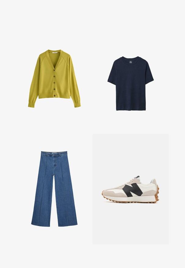Żółto-zielony kardigan z miękkiego materiału, z głębokim dekoltem w kształcie litery V, długimi rękawami oraz rzędami dużych, ciemnych guzików z przodu.; Bawełniany granatowy T-shirt, krótki rękaw, okrągły dekolt, luźny krój, gładka faktura, bez widocznych wzorów ani detali.; Jeans typu wide-leg w średnim niebieskim kolorze, z wysokim stanem, zapięciem na guziki oraz kontrastowymi szwami pionowymi z przodu.; Buty do biegania z białą i beżową górą wykonaną z zamszu i skóry, z dużym czarnym logo, gumową podeszwą i teksturowanymi akcentami.