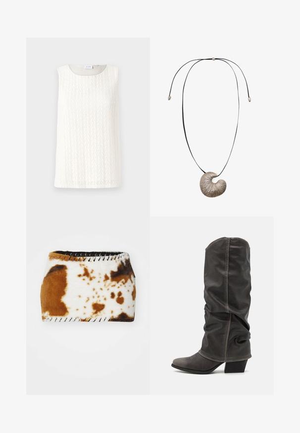 Biały krótki kardigan z dzianiny, z falbaniastymi brzegami, długimi dzwonami i ściągaczem z przodu.; Kremowy top bez rękawów z teksturowanym wzorem, okrągłym dekoltem i surowymi krawędziami. Prosty design i lekka tkanina. Nie zawiera widocznych elementów metalowych.; Biała bluzka z krótkim rękawem, zdobiona marszczonym materiałem z falbankami, luźnym dekoltem i teksturowanym wykończeniem na całej powierzchni.; Brązowy i biały materiał wzorzysty z motywem skóry bydlęcej o miękkiej teksturze, wykończony czarnym sznurowaniem wzdłuż krawędzi.; Szare skórzane botki do połowy łydki o luźnym kroju, wносująca toe i z blokowanym obcasem. Zauważalne detale przeszycia w okolicy palców.; Srebrny wisiorek z spiralnym wzorem, teksturowana powierzchnia, zawieszony na czarnym sznurku z srebrnymi akcentami.