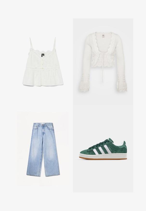 Witte cropped cardigan met een gebreide textuur, gegolfde randen, lange klokmouwen en een trekkoordsluiting aan de voorkant.; Witte mouwloze blouse met kantaccenten, knoopsluiting en een peplumdesign. Gelaagd stof met verticale strepen en een geschulpte halslijn.; Bershka WIDE-LEG - Wide leg - light-blue denim; Groene suède sneaker met witte leren strepen, rubberen zool, gepolsterde kraag en een minimalistisch ontwerp. Bevat merkbranding aan de zijkant.