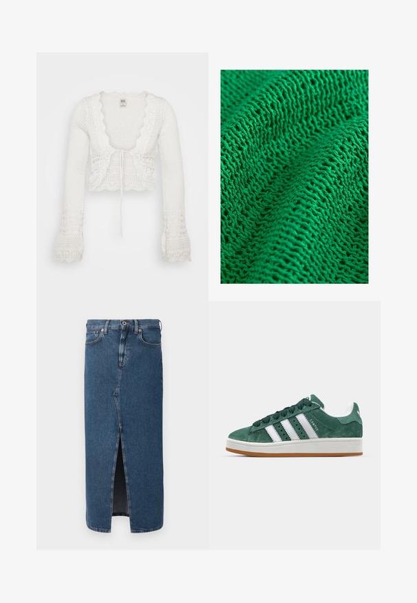 Baltas trumpas kardiganas su megztu raštu, bangomis apipjaustytais kraštais, ilgomis varpo formos rankovėmis ir virvute priekyje.; Žalias megztas audinys, pasižymintis tekstūruotu raštu su laisvu ir atviru vertimu, demonstruojantis plonus siūlus ir kelis matomus siūlus.; Mėlynas džinsinis pieštuko sijonas su priekiniais įpjovimais, klasikinės penkių kišenių dizainas ir mygtukų užsegimas juosmens srityje. Lygus paviršius.; Žalios zomšinės sportinės bateliai su baltomis odinėmis juostelėmis, guminėmis padangomis, paminkštintu kraštu ir minimalistiniu dizainu. Ant šono yra ženklas.