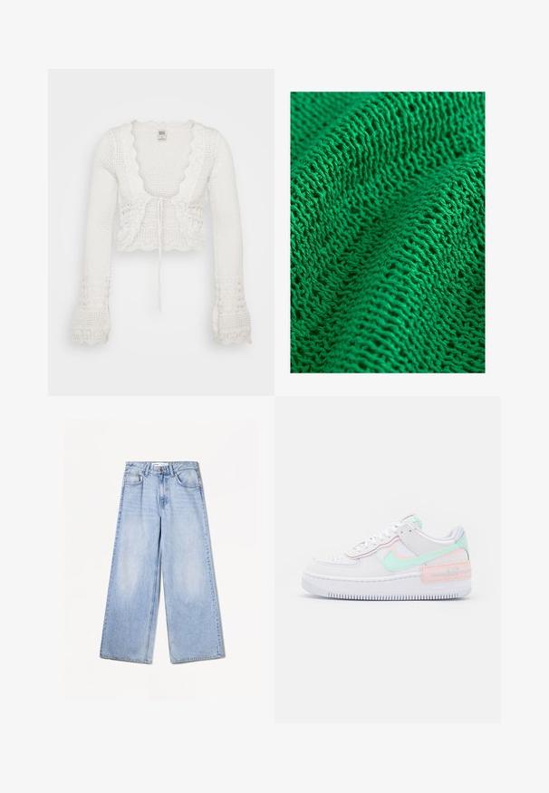 Bijela skraćena cardigan jakna s pletenom teksturom, valovitim rubovima, dugim zvonastim rukavima i zatvaranjem na vezanje sprijeda.; Zeleni pleteni tekstil s teksturiranim uzorkom i labavim, otvorenim tkanjem, prikazuje fine niti i više vidljivih šavova.; Bershka WIDE-LEG - Široke nogavice - light-blue denim; Bijele kožne tenisice s mint zelenim Swooshom, mekanim ružičastim detaljima, teksturiranim gornjim dijelom i debelim bijelim gumeni potplat s "AIR" oznakom.