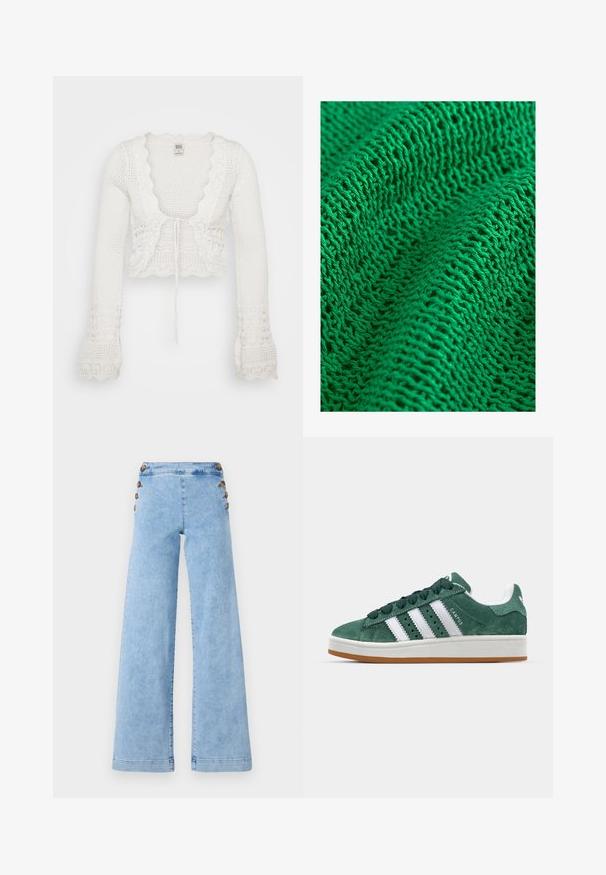 Cárdigan corto blanco con textura de punto, bordes en pico, mangas de campana largas y un cierre con cordón en el frente.; Textil de punto verde con un patrón texturizado, con un tejido suelto y abierto, que muestra hilos finos y múltiples puntadas visibles.; Jeans de mezclilla de corte ancho en azul claro con una cintura alta, que presentan detalles de botones metálicos a lo largo de los lados y una textura suave, ligeramente desgastada.; Zapatillas deportivas de ante verde con franjas de cuero blanco, suela de goma, cuello acolchado y diseño minimalista. Cuenta con la marca en el lateral.
