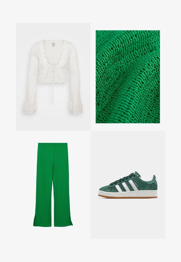 Bela skrajšana jopica z pleteno teksturo, valovitim robom, dolgimi zvonastimi rokavi in zapiranjem na vrvico spredaj.; Zeleno pleteno tekstilo, ki se ponaša s teksturiranim vzorcem z ohlapnim in odprtim tkanjem, ki prikazuje fine nitke in več vidnih šivov.; Zelene pletene hlače z teksturiranim vzorcem, širokega kroja in stranskimi razporki na dnu, ki nudijo sproščen fit.; Zeleni semiš športni copat z belimi usnjenimi črtami, gumijastim podplatom, oblazinjenim ovratnikom in minimalističnim dizajnom. Na strani je oznaka blagovne znamke.