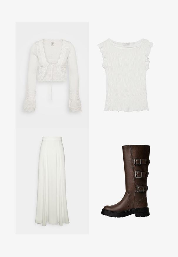 Witte cropped cardigan met een gebreide textuur, gegolfde randen, lange klokmouwen en een trekkoordsluiting aan de voorkant.; Witte kortebloemtop met smock-stof en gerimpelde randen, een relaxte halslijn en een gestructureerde afwerking.; Witte, enkel lange rok met een gladde, vloeiende textuur, voorzien van een strakke hoge tailleband en zonder zichtbare patronen of versieringen.; Bruine leren kniehoge laars met drie metalen gespen, textuur op de oppervlakte, ronde neus en stevige zool voor stabiliteit.