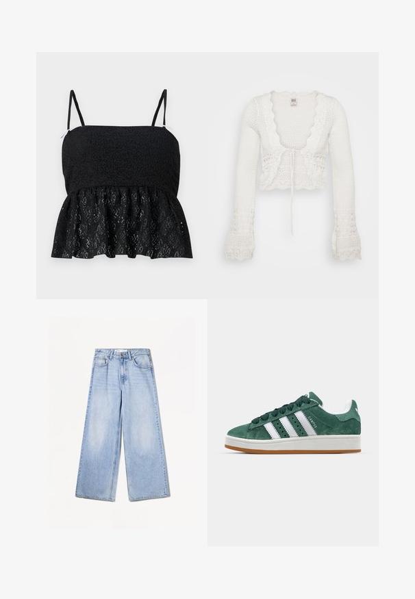 Hvid cropped cardigan med strikket tekstur, bølgede kanter, lange klokkeærmer og snøre-lukning fortil.; Sort blonder peplum top med tynde justerbare stropper, der har et struktureret blomster mønster og en flæset kant. Glat for fra underneden.; Bershka WIDE-LEG - Wide leg - light-blue denim; Grønne ruskinds sneakers med hvide læderstriber, gummisål, polstret krave og minimalistisk design. Har branding på siden.
