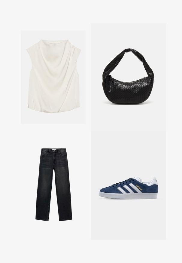 White cropped cardigan with a knitted texture, scalloped edges, long bell sleeves, and a drawstring closure at the front.; Anna Field Blouse - off-white; Black wide-leg jeans made of denim. Featuring five pockets, a zip fly with a button closure, and subtle fading on the front.; Navy suede sneakers with white leather accents, three white stripes, and gold "Gazelle" logo. Round rubber sole, low-top design.; Black woven leather handbag with a curved shape, featuring a thick handle and a zip closure. Textured surface with a glossy finish.
