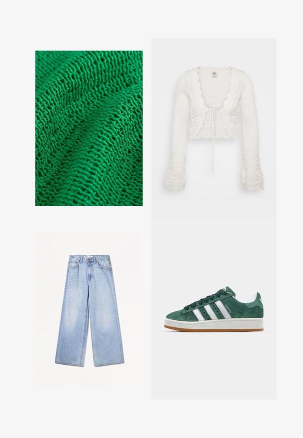 Cardigan bianco corto con una texture lavorata a maglia, bordi ondulati, maniche a campana lunghe e chiusura con cordino sul davanti.; Tessuto lavorato a maglia verde con un motivo testurizzato caratterizzato da un intreccio sciolto e aperto, che mostra filati fini e numerosi punti visibili.; Bershka WIDE-LEG - Wide Leg - light-blue denim; Sneaker in suede verde con strisce in pelle bianca, suola in gomma, collarino imbottito e design minimalista. Presenta il marchio sul lato.