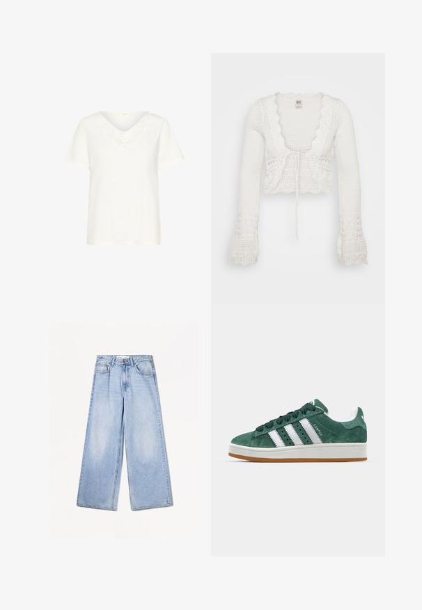 Bela skrajšana jopica z pleteno teksturo, valovitim robom, dolgimi zvonastimi rokavi in zapiranjem na vrvico spredaj.; Bela kratka majica s kratkimi rokavi in V-izrezom ter cvetličnim čipkastim detajlom okoli izreza, izdelana iz mehkega blaga z sproščenim krojem.; Bershka WIDE-LEG - Široke hlačnice - light-blue denim; Zeleni semiš športni copat z belimi usnjenimi črtami, gumijastim podplatom, oblazinjenim ovratnikom in minimalističnim dizajnom. Na strani je oznaka blagovne znamke.