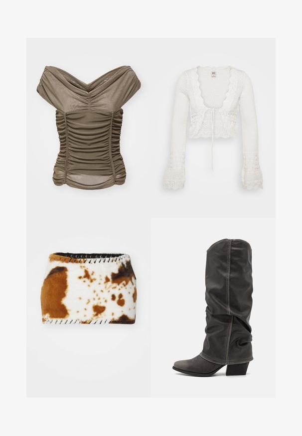 Baltas trumpas kardiganas su megztu raštu, bangomis apipjaustytais kraštais, ilgomis varpo formos rankovėmis ir virvute priekyje.; Alyvuogių žalia off-shoulder palaidinė su susiraukšlėjimo detalėmis, pagaminta iš minkštos, tamprios medžiagos, turinti prigludusią siluetą ir susiraukšlėtą apykaklę.; Ruda ir balta odos rašto medžiaga su švelniu tekstūra, apdorota juodais nėriniais išilgai kraštų.; Pilki odiniai batas iki blauzdų, su laisvu dizainu, smailiu pirštu ir pastatytu kulnu. Išskirtiniai siuvimo detalės ant pirštų srities.