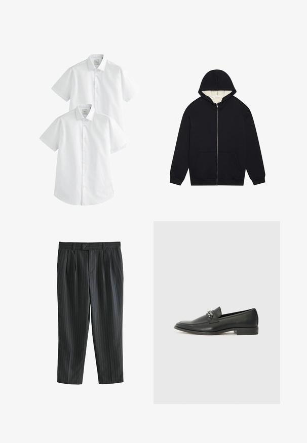 Felpa nera con zip e una morbida fodera in pile color crema. Presenta un cappuccio, tasche frontali e polsini a costine. Design semplice.; Camicie bianche a maniche corte in confezione da due, con colletto button-down e una texture in cotone morbido, progettate per l'abbigliamento casual.; Pantaloni grigi a righe con fronte plissettato, realizzati in un tessuto morbido, con chiusura a bottone e gambe dritte.; Mocassino in pelle nera con finitura liscia, caratterizzato da un design cucito e da un accento decorativo in catena metallica sul vamp. Tacco piatto.