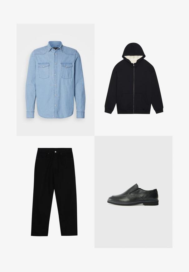 Zwarte zip-up hoodie met een zachte, crèmekleurige fleece voering. Heeft een capuchon, voorzakken en geribbelde manchetten. Eenvoudig ontwerp.; Lichtblauwe denimshirt met lange mouwen, twee borstzakken, knoopsluiting aan de voorkant en een klassieke kraag met witte stikseldetails.; Zwarte denim broek met een recht gesneden pasvorm, vijf gebruikersvriendelijke zakken en een sluiting met een knoop aan de voorkant. Soepele textuur met minimale stikdetails.; Zwarte leren instapper met een soepele bovenkant, gestikte accenten, ronde neus en een lage rubberen hak. De zool heeft minimale profiel.