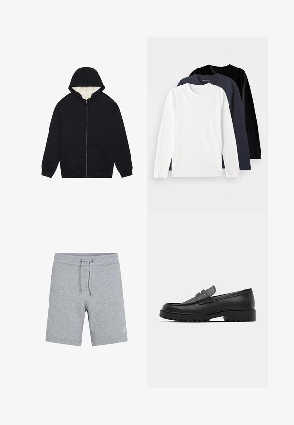 Musta vetoketjullinen huppari, jossa on pehmeäteksinen, kerma-luvin fleecevuori. Varustettu hupulla, etutaskuilla ja ribatulla hihansuilla. Yksinkertainen muotoilu.; Kolme pitkähihasta T-paitaa pinottuna: yksi valkoinen, yksi tummansininen ja yksi musta. Valmistettu sileästä puuvillasta, joissa on pyöreät kaula-aukot ja sivuhalkiot.; Harmaat puuvillahousut, joissa on joustava vyötärö ja säädettävä nyöri. Mukana sivutaskut ja pieni logo vasemmassa etujalkaosassa.; Musta nahkaloafers, joissa on pyöreä kärki, ommeltu pinta, matala alusta ja kuvioitu, kuminen ulkopohja.