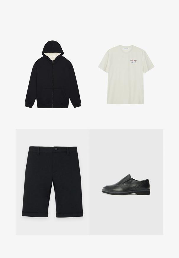 Svart zip-up hoodie med ett mjukt, krämfärgat fleecefoder. Har en huva, frampåsar och ribbade muddar. Enkel design.; Ljus krämfärgad bomulls t-shirt med korta ärmar. Har en liten blå och röd grafik av en marlin samt texten "MARLIN TROPHY".; Svarta bomullsshorts med knäppning, med platt front, uppvikta fållar och bakfickor. Slät textur och skräddarsydd passform.; Svart lädersko i slip-on-modell med en slät ovandel, sömnadsdetaljer, rund tå och låg gummihäl. Sulan har minimal mönstring.