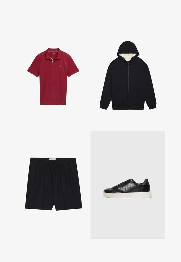 Černá mikina na zip s jemným fleecovým podšívkou v krémové barvě. Má kapuci, přední kapsy a žebrované manžety. Jednoduchý design.; Červené polo tričko s límečkem, krátkými rukávy a texturovanou tkaninou. Na levé straně hrudi má malé logo.; Černé šortky s elastickým pasem a šňůrkou, s hladkým povrchem a rovným střihem, vhodné pro každodenní nošení.; Černé tenisky s texturovaným vrškem z kůže s embosovaným hadím vzorem, kulatou špičkou a kontrastní bílou gumovou podrážkou s hladkým povrchem.