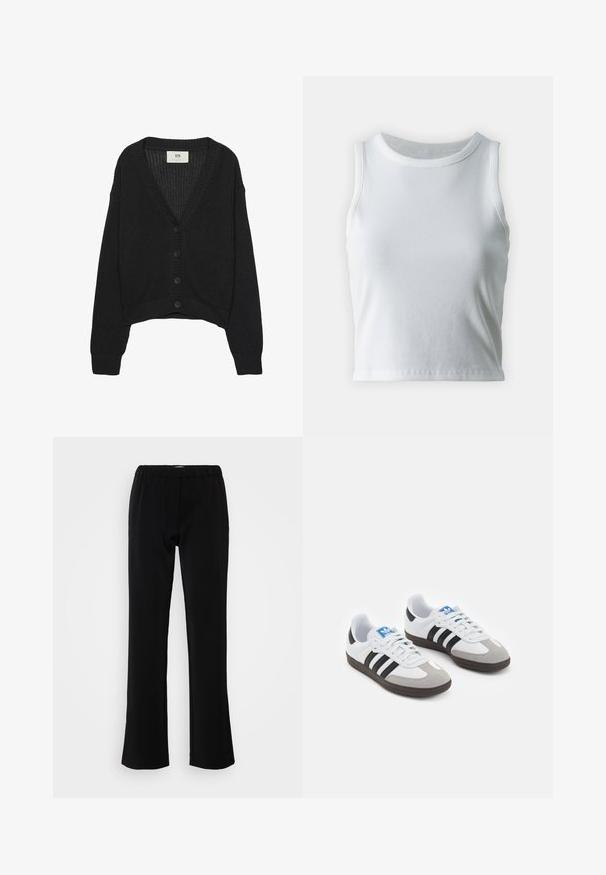Musta neule-cardigan, jossa on V-pääntie, pitkät hihat ja lyhyt helma. Varustettu nappisuljennalla ja ribbineulottuilla hihansuilla. Teksturoitu kangas.; Valkoinen poimutettu hihaton toppi, jossa on pyöreä kaula-aukko, suora helma ja sileä, joustava materiaali.; Mustat housut, joissa on levenevä muotoilu, valmistettu sileästä kankaasta. sisältää joustavan vyötärönauhan mukavuutta varten ja puhtaan, yksinkertaisen siluetin.; Urheilukengät, joissa on valkoinen nahkainen päällinen, harmaa mokkanokka ja kolme mustaa raitaa. Ominaisuuksina sininen logo kielekkeessä ja kuvioitu kumipohja.