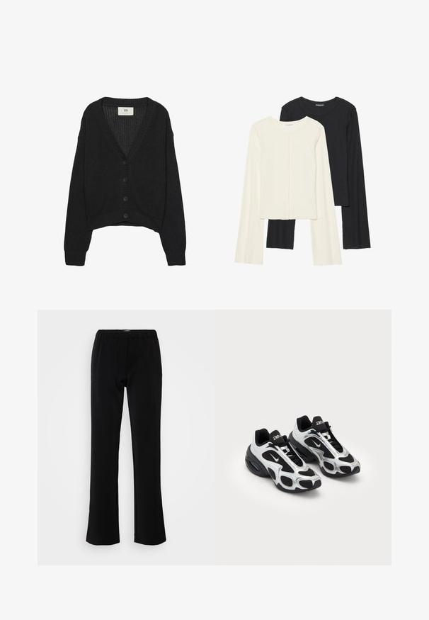 Crna pletena kardigan s V-izrezom, dugim rukavima i skraćenim rubom. Ima gumbe sprijeda i rebraste manžete. Teksturirani materijal.; Set od dvije duge majice s dugim rukavima u bijeloj i crnoj boji. Rebrasta tekstura, okrugli izrez, uski kroj s blago raširenim rukavima.; Crne hlače s raširenim krojem, izrađene od glatkog materijala. Imaju elastičnu pojasnicu za udobnost i čist, jednostavan silueta.; Crne i srebrne atletske tenisice s gornjim dijelom od mrežastog i sintetičkog materijala, s karakterističnim valovitim dizajnom i podstavljenim ovratnikom, zračnom amortizacijom u potplatu.
