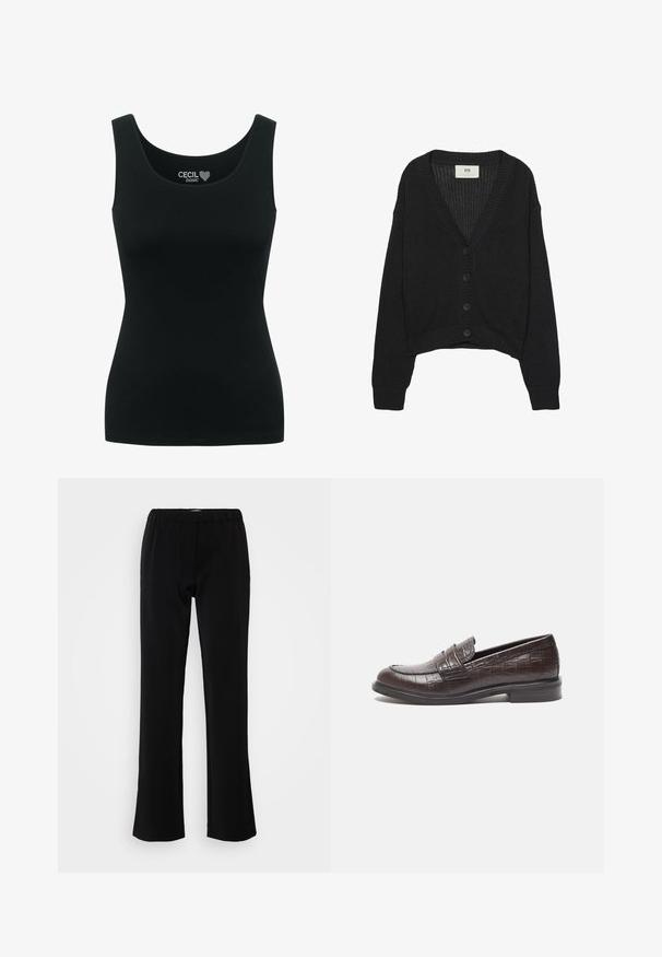 Schwarze Strickjacke mit V-Ausschnitt, langen Ärmeln und cropped Saum. Verfügt über eine Knopfleiste und gerippte Bündchen. Strukturierter Stoff.; Cecil Top - schwarz; Schwarze Hose mit ausgestelltem Design, hergestellt aus einem glatten Stoff. Verfügt über einen elastischen Bund für Komfort und eine saubere, schlichte Silhouette.; Dunkelbraune Lederloafers mit Krokodilstruktur, flachem Absatz und gesteppten Details an der Vorderseite für zusätzlichen Stil.