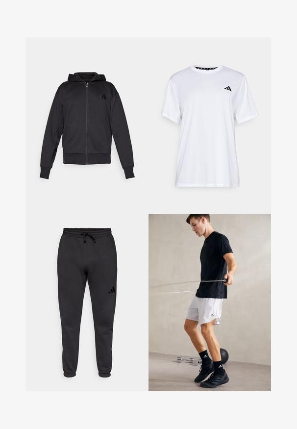 Black zip-up hoodie with long sleeves, front pockets, ribbed cuffs and hem, and a small logo on the left chest.; White athletic t-shirt with short sleeves, made from moisture-wicking fabric. Features a black logo on the left chest and a patterned interior neckline.; Black tapered sweatpants with elastic waistband and drawstring, featuring a small Adidas logo on the upper right thigh.; Black athletic t-shirt and white shorts with side slits. The individual is skipping rope, wearing black sneakers and socks, on a smooth floor.
