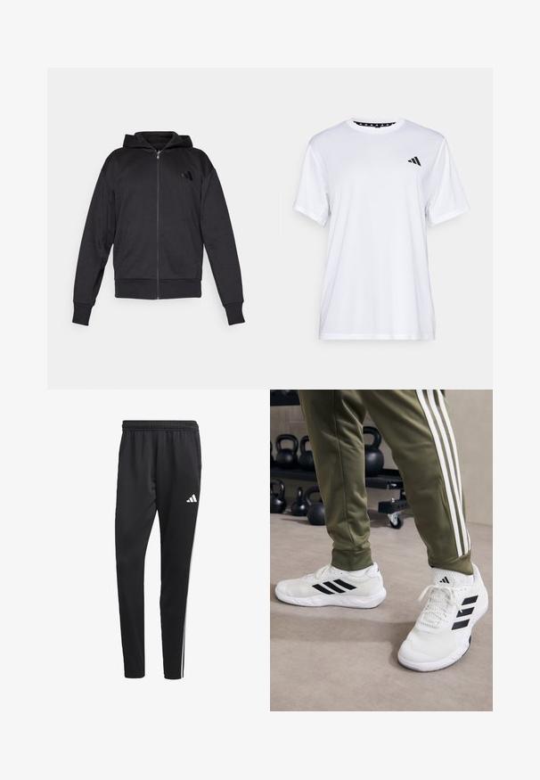 Black zip-up hoodie with long sleeves, front pockets, ribbed cuffs and hem, and a small logo on the left chest.; White athletic t-shirt with short sleeves, made from moisture-wicking fabric. Features a black logo on the left chest and a patterned interior neckline.; Black athletic pants with a stretchy waistband, white side stripes, and a small white logo on the thigh. Made from a smooth, lightweight material.; White athletic shoes with black stripes, mesh texture, and a padded collar, paired with olive green pants featuring white side stripes.