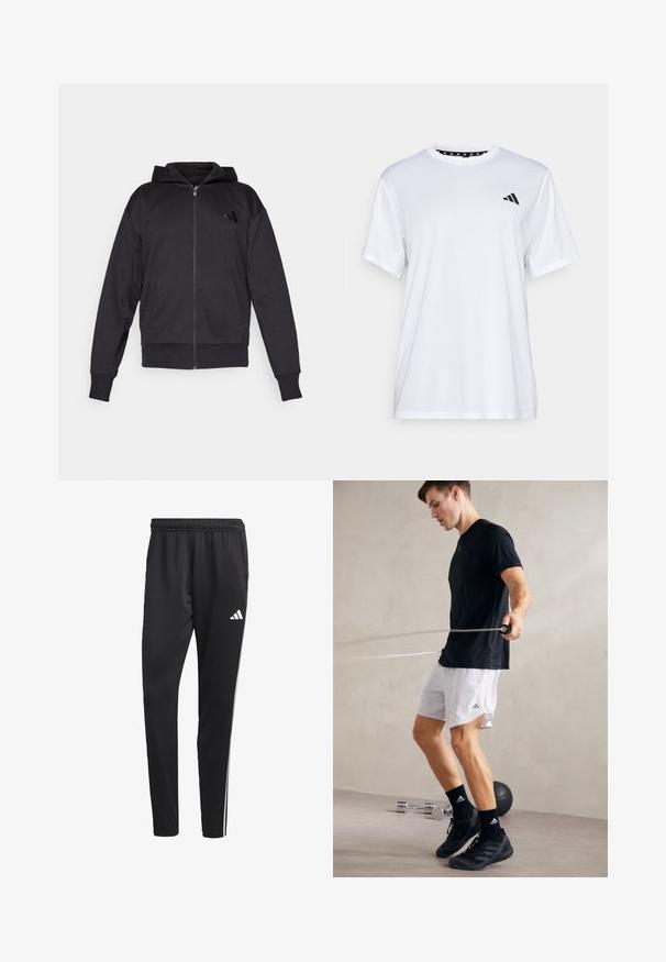 Czarna bluza z zamkiem na całej długości, z długimi rękawami, kieszeniami z przodu, ściągaczami przy mankietach i u dołu oraz małym logo na lewej piersi.; Biała koszulka sportowa z krótkim rękawem, wykonana z materiału odprowadzającego wilgoć. Posiada czarne logo na lewej piersi oraz wzorzystą podszewkę kołnierza.; Czarne spodenki sportowe z elastycznym pasem, białymi paskami po bokach i małym białym logo na udzie. Wykonane z gładkiego, lekkiego materiału.; Czarna koszulka sportowa i białe szorty z bocznymi rozcięciami. Osoba skacze na skakance, nosząc czarne sneakersy i skarpetki, na gładkiej podłodze.