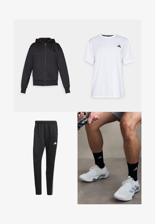 Zwarte zip-up hoodie met lange mouwen, voorzakken, geribde manchetten en zoom, en een klein logo op de linker borst.; Witte sport T-shirt met korte mouwen, gemaakt van vochtafvoerende stof. Heeft een zwart logo op de linkerkant van de borst en een gemusterde binnenhals.; Zwarte sportbroek met een rekbare tailleband, witte zijkanten en een klein wit logo op de dij. Gemaakt van een soepele, lichte stof.; Witte sportieve schoenen met grijze accenten, een textuurmateriaal en een vetersluiting. Draagt een paar zwarte sokken met een logo.