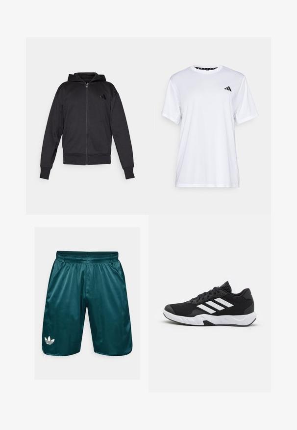 Zwarte zip-up hoodie met lange mouwen, voorzakken, geribde manchetten en zoom, en een klein logo op de linker borst.; Witte sport T-shirt met korte mouwen, gemaakt van vochtafvoerende stof. Heeft een zwart logo op de linkerkant van de borst en een gemusterde binnenhals.; Teal satijnen shorts met elastische tailleband, zijzakken en wit Adidas trefoil-logo op het linkerpoot. Gladde textuur, knie-length ontwerp.; Zwarte sportieve schoenen met een geperforeerde mesh bovenkant, witte accentstrepen, een gevoerde zool en een versterkte hiel voor extra ondersteuning.