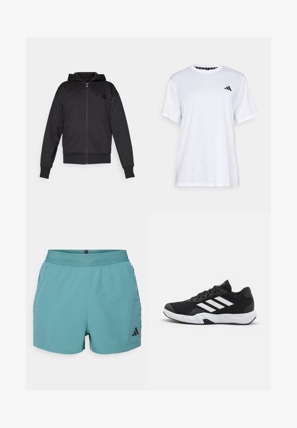 Mustmustaga musta kapuutsiga, pika varrukaga, ees taskutega, soonikuga varruka- ja alumise servaga ning väike logo vasakul rinnal.; Valge sportlik T-särk lühikeste varrukatega, valmistatud niiskust eemaldavast kangast. Ees on must logo vasakul rinnal ja soe mustriline kaelaosa.; Tõhusad teokelaga teal värvi sportlühikesed püksid, millel on tekstuuriga vöökoht, küljetaskud ja must Adidas logo paremal alapoole. Kerge kangas.; Mustad mustosportlikud jalanõud, millel on tekstuuriga võrkpealne, valged aksenttriibud, pehme tallaga ja tugevdatud konts toe jaoks.