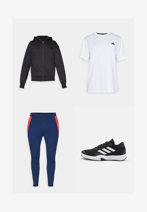 Sort zip-up hættetrøje med lange ærmer, forlommer, ribbede manchetter og kant, samt et lille logo på venstre bryst.; Hvid sports t-shirt med korte ærmer, lavet af fugttransporterende stof. Har et sort logo på venstre bryst og en mønstret indvendig halsudskæring.; Mørkeblå leggings i et strækbart materiale med røde sidelommer og en tætsiddende pasform. Har en solid talje og diskret logo-detalje.; Sorte atletiksko med en tekstureret mesh-overdel, hvide accentstriber, en polstret sål og en forstærket hæl for støtte.