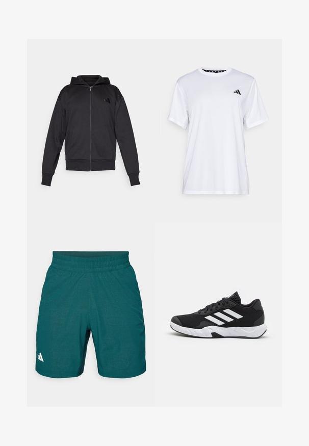 Svart hettegenser med glidelås, lange ermer, lommer foran, ribbestrikkede mansjetter og hem, samt en liten logo på venstre bryst.; Hvit trenings T-skjorte med korte ermer, laget av fukttransporterende stoff. Har en svart logo på venstre bryst og et mønstrete innvendig halsåpning.; Teal treningsshorts laget av lett materiale, med elastisk midje, mønstret tekstur og en liten hvit logo på venstre side.; Sorte joggesko med teksturert mesh-overdel, hvite aksentstriper, en polstret såle og en forsterket hæl for støtte.