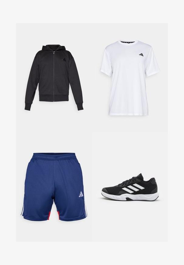 Mustat vetoketjuhupparit, joissa on pitkät hihat, etutaskut, ribbauskankaiset hihansuut ja helma, sekä pieni logo vasemmassa rinnassa.; Valkoinen urheilupaita lyhyillä hihoilla, valmistettu kosteutta siirtävästä kankaasta. Vasemmassa rinnassa on musta logo ja kauluksen sisäpuolella on kuvio.; Tummansininen urheiluhousut, joissa on valkoisia ja punaisia yksityiskohtia, joustava vyötärö ja Adidas-logo alaosassa. Sileä kankaan pinta.; Mustat urheilukengät, joissa on teksturoitu verkkomateriaali yläosassa, valkoiset korostusraidat, pehmustettu pohja ja vahvistettu kanta tuen vuoksi.