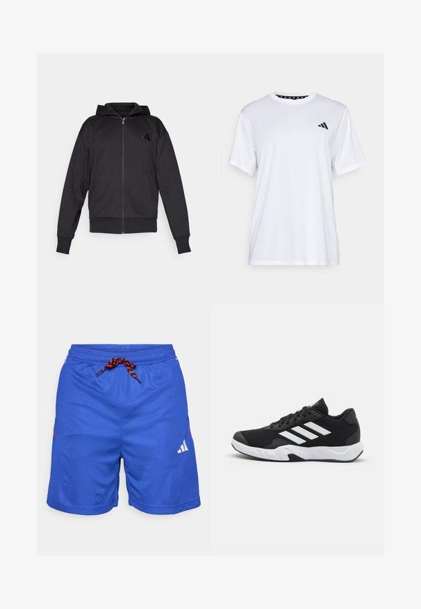 Mustmustaga musta kapuutsiga, pika varrukaga, ees taskutega, soonikuga varruka- ja alumise servaga ning väike logo vasakul rinnal.; Valge sportlik T-särk lühikeste varrukatega, valmistatud niiskust eemaldavast kangast. Ees on must logo vasakul rinnal ja soe mustriline kaelaosa.; Sinine spordilik lühikeste pükste tekstuuriga muster, elastne vöökoht, punane ja must pael ning valge logo aktsent vasakul jalal.; Mustad mustosportlikud jalanõud, millel on tekstuuriga võrkpealne, valged aksenttriibud, pehme tallaga ja tugevdatud konts toe jaoks.