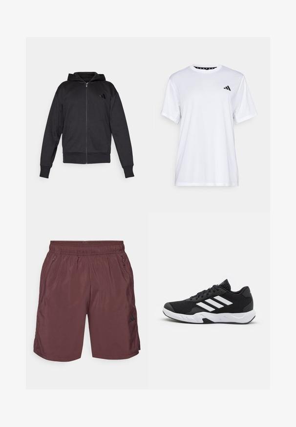 Schwarze Zip-Hoodie mit langen Ärmeln, vorderen Taschen, gerippten Bündchen und Saum sowie einem kleinen Logo auf der linken Brust.; Weißes sportliches T-Shirt mit kurzen Ärmeln, aus feuchtigkeitsableitendem Material. Mit einem schwarzen Logo auf der linken Brust und einem gemusterten Innenkragen.; adidas Performance TR-ES WV SHO - Kurze Sporthose - shadow brown/black; Schwarze Sportschuhe mit einem strukturierten Mesh-Obermaterial, weißen Akzentstreifen, einer gepolsterten Sohle und einer verstärkten Ferse für Unterstützung.