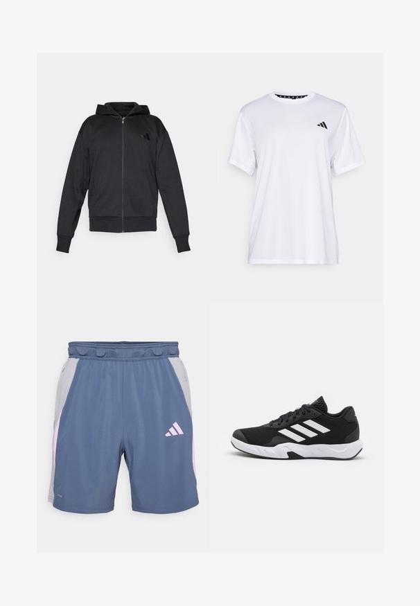 Black zip-up hoodie with long sleeves, front pockets, ribbed cuffs and hem, and a small logo on the left chest.; White athletic t-shirt with short sleeves, made from moisture-wicking fabric. Features a black logo on the left chest and a patterned interior neckline.; Blue athletic shorts with grey side panels, pink accents, elastic waistband, and zipper pockets. Made from lightweight, breathable material.; Black athletic shoes with a textured mesh upper, white accent stripes, a cushioned sole, and a reinforced heel for support.