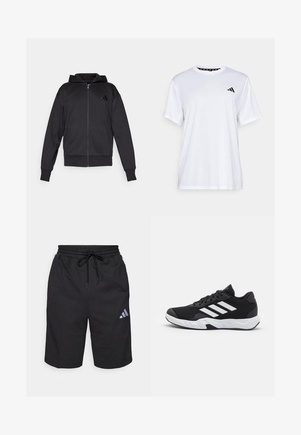 Fleece preto com fecho éclair, mangas longas, bolsos frontais, punhos e bainha canelados, e um pequeno logótipo no lado esquerdo do peito.; Camiseta atlética branca de mangas curtas, feita de tecido que absorve a humidade. Apresenta um logótipo preto no lado esquerdo do peito e um decote interior com padrão.; Calções atléticos pretos feitos de um tecido suave e respirável. Apresenta uma cintura elástica com cordão e um logotipo diagonal distintivo.; Tenis negros desportivos com um superior em malha texturizada, riscas brancas de destaque, sola acolchoada e um calcanhar reforçado para suporte.