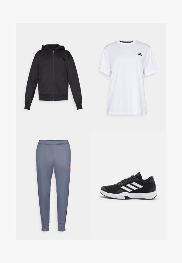 Svart hettegenser med glidelås, lange ermer, lommer foran, ribbestrikkede mansjetter og hem, samt en liten logo på venstre bryst.; Hvit trenings T-skjorte med korte ermer, laget av fukttransporterende stoff. Har en svart logo på venstre bryst og et mønstrete innvendig halsåpning.; Grå treningbukser med en innsvingt passform, med svarte sidestykker og en oransje Adidas-logo på øvre høyre ben. Mykt, elastisk materiale.; Sorte joggesko med teksturert mesh-overdel, hvite aksentstriper, en polstret såle og en forsterket hæl for støtte.