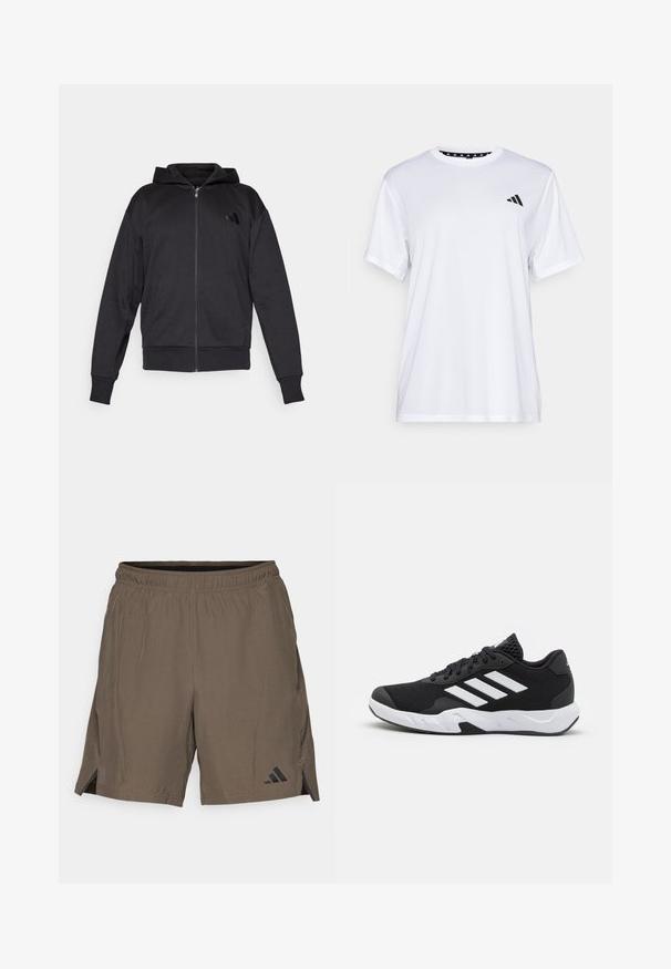 Juoda užtrauktuku užsidėta kapšas su ilgomis rankovėmis, priekinėmis kišenėmis, derančiais rankogaliais ir apvadu, bei maža logotipo etikete kairėje krūtinės pusėje.; Balta sportinė marškinėliai trumpomis rankovėmis, pagaminti iš drėgmę šalinančios medžiagos. Kairėje krūtinės pusėje yra juodas logotipas, o apykaklės viduje yra raštuotas dizainas.; adidas Performance Sportiniai šortai - shadow olive; Juodi sportiniai batai su tekstūruotu tinkliniu paviršiumi, baltais akcentų dryžiais, paminkštintu padu ir sustiprintu kulnu paramai.