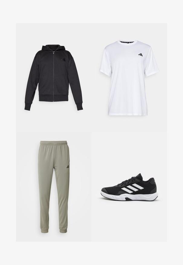 Black zip-up hoodie with long sleeves, front pockets, ribbed cuffs and hem, and a small logo on the left chest.; White athletic t-shirt with short sleeves, made from moisture-wicking fabric. Features a black logo on the left chest and a patterned interior neckline.; Light green athletic pants with an elastic waistband, tapered legs, and black logo detail. Made from smooth, breathable fabric.; Black athletic shoes with a textured mesh upper, white accent stripes, a cushioned sole, and a reinforced heel for support.