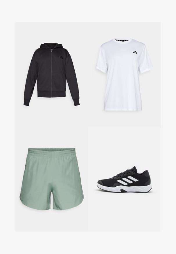 Black zip-up hoodie with long sleeves, front pockets, ribbed cuffs and hem, and a small logo on the left chest.; White athletic t-shirt with short sleeves, made from moisture-wicking fabric. Features a black logo on the left chest and a patterned interior neckline.; Light green athletic shorts with an elastic waistband, made of smooth fabric, featuring a subtle logo on the lower side.; Black athletic shoes with a textured mesh upper, white accent stripes, a cushioned sole, and a reinforced heel for support.