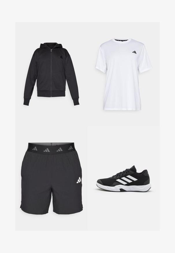 Black zip-up hoodie with long sleeves, front pockets, ribbed cuffs and hem, and a small logo on the left chest.; White athletic t-shirt with short sleeves, made from moisture-wicking fabric. Features a black logo on the left chest and a patterned interior neckline.; Black athletic shorts made of lightweight fabric. Features an elastic waistband with a patterned logo and a small white logo on the left side.; Black athletic shoes with a textured mesh upper, white accent stripes, a cushioned sole, and a reinforced heel for support.