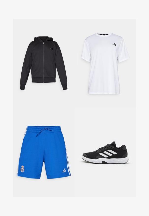 Svart hettegenser med glidelås, lange ermer, lommer foran, ribbestrikkede mansjetter og hem, samt en liten logo på venstre bryst.; Hvit trenings T-skjorte med korte ermer, laget av fukttransporterende stoff. Har en svart logo på venstre bryst og et mønstrete innvendig halsåpning.; adidas Performance REAL MADRID DNAWAY SHORTS - Klubbklær - collegiate royal; Sorte joggesko med teksturert mesh-overdel, hvite aksentstriper, en polstret såle og en forsterket hæl for støtte.