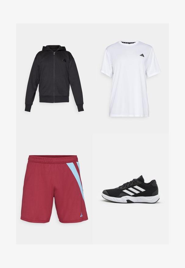 Črna zadrgasta jopica s dolgimi rokavi, sprednjimi žepi, ribastimi manšetami in robom ter majhnim logotipom na levem prsnem delu.; Bela športna majica s kratkimi rokavi, izdelana iz tkanine, ki odvaja vlago. Ima črn logotip na levem prsnem delu in vzorčasto notranjo vratno odprtino.; Burgundski športni kratki hlače z svetlo modrimi stranskimi črtami, elastičnim pasom in gladko teksturo, zasnovani za udobje in fleksibilnost pri gibanju.; Črne atletske čevlje z strukturiranim mrežastim zgornjim delom, belimi poudarnimi črtami, oblazinjenim podplatom in ojačanim petnim delom za podporo.