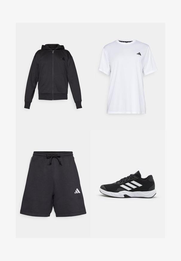 Svart hettegenser med glidelås, lange ermer, lommer foran, ribbestrikkede mansjetter og hem, samt en liten logo på venstre bryst.; Hvit trenings T-skjorte med korte ermer, laget av fukttransporterende stoff. Har en svart logo på venstre bryst og et mønstrete innvendig halsåpning.; Svart idrettsshorts med elastisk midje og justerbar snor. Har en hvit diagonal logo nederst til venstre. Glatt stofftekstur.; Sorte joggesko med teksturert mesh-overdel, hvite aksentstriper, en polstret såle og en forsterket hæl for støtte.