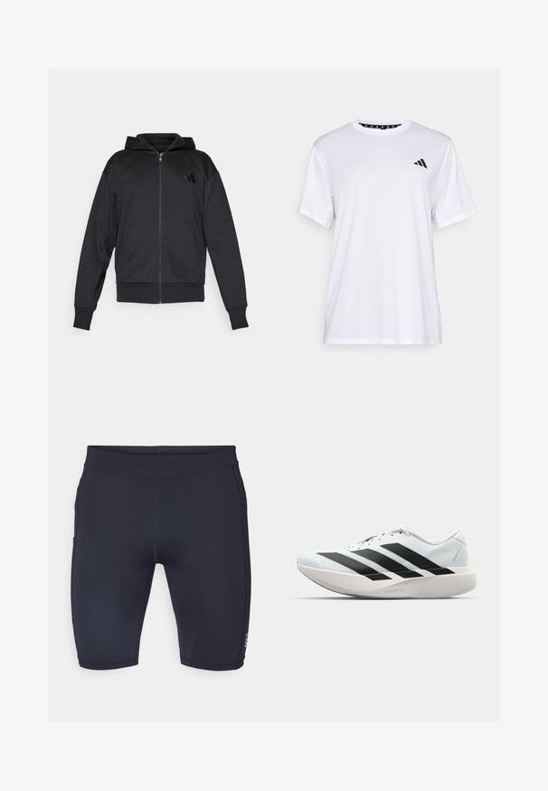 Czarna bluza z zamkiem na całej długości, z długimi rękawami, kieszeniami z przodu, ściągaczami przy mankietach i u dołu oraz małym logo na lewej piersi.; Biała koszulka sportowa z krótkim rękawem, wykonana z materiału odprowadzającego wilgoć. Posiada czarne logo na lewej piersi oraz wzorzystą podszewkę kołnierza.; Granatowe szorty wykonane z elastycznego materiału z dopasowanym krojem. Posiadają gładkie szwy i małe logo na lewej nodze.; Lekkie buty do biegania w jasnoniebieskim kolorze z czarnymi pasami. Posiadają gładką cholewkę, okrągły nosek oraz grubą białą podeszwę środkową oznaczoną "LIGHTSTRIKE PRO."