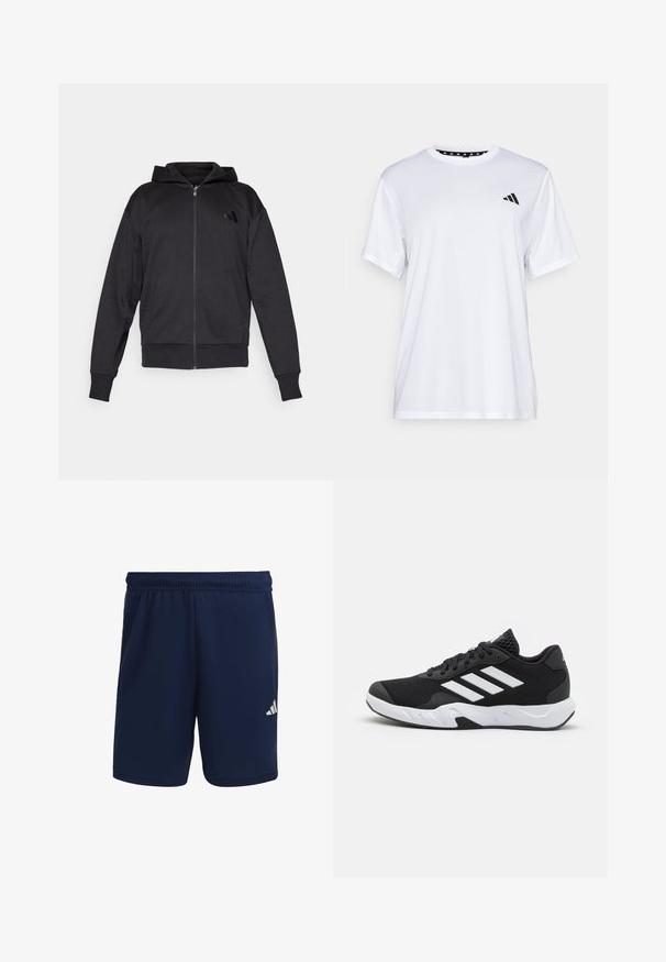 Mustmustaga musta kapuutsiga, pika varrukaga, ees taskutega, soonikuga varruka- ja alumise servaga ning väike logo vasakul rinnal.; Valge sportlik T-särk lühikeste varrukatega, valmistatud niiskust eemaldavast kangast. Ees on must logo vasakul rinnal ja soe mustriline kaelaosa.; Tumed sinine sportlikud lühikesed püksid, valmistatud kergest kangast, elastse vöökoha ja valge logoga vasakul jalal.; Mustad mustosportlikud jalanõud, millel on tekstuuriga võrkpealne, valged aksenttriibud, pehme tallaga ja tugevdatud konts toe jaoks.