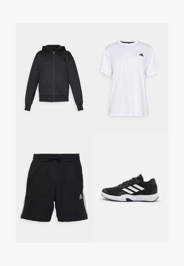 Fleece preto com fecho éclair, mangas longas, bolsos frontais, punhos e bainha canelados, e um pequeno logótipo no lado esquerdo do peito.; Camiseta atlética branca de mangas curtas, feita de tecido que absorve a humidade. Apresenta um logótipo preto no lado esquerdo do peito e um decote interior com padrão.; adidas Sportswear Calções desportivos - black; Tenis negros desportivos com um superior em malha texturizada, riscas brancas de destaque, sola acolchoada e um calcanhar reforçado para suporte.